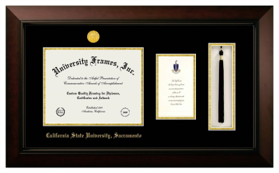 California State University, Sacramento Diploma with Announcement & Tassel Box Frame in Legacy Black Cherry with Black & Gold Mats for DOCUMENT: 8 1/2"H X 11"W  ,  7"H X 4"W  
