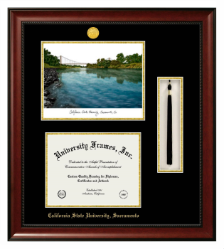 California State University, Sacramento Double Opening with Campus Image & Tassel Box (Stacked) Frame in Avalon Mahogany with Black & Gold Mats for DOCUMENT: 8 1/2"H X 11"W  