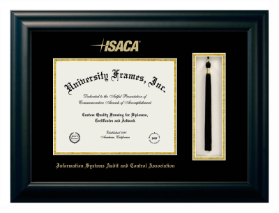Information Systems Audit and Control Association Diploma with Tassel Box Frame in Satin Black with Black & Gold Mats for document: 8 1/2"h x 11"w  