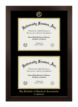 Institute of Chartered Accountants in Australia Double Degree (Stacked) Frame in Manhattan Espresso with Black & Gold Mats for DOCUMENT: 8 1/2"H X 11"W  , DOCUMENT: 8 1/2"H X 11"W  