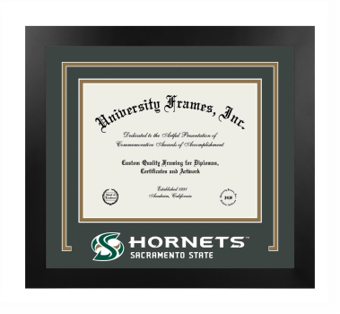 California State University, Sacramento College of Natural Sciences and Mathematics Logo Mat Frame in Manhattan Black with Forest Green & Bronze Mats for document: 8 1/2"h x 11"w  