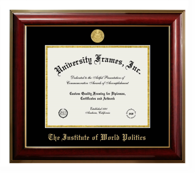 Institute of World Politics Diploma Frame in Classic Mahogany with Gold Trim with Black & Gold Mats for DOCUMENT: 8 1/2"H X 11"W  