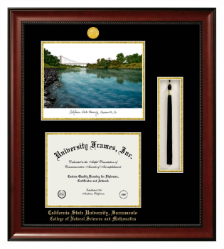 California State University, Sacramento College of Natural Sciences and Mathematics Double Opening with Campus Image & Tassel Box (Stacked) Frame in Avalon Mahogany with Black & Gold Mats for document: 8 1/2"h x 11"w  