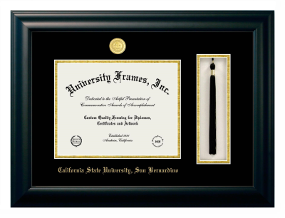 California State University, San Bernardino Diploma with Tassel Box Frame in Satin Black with Black & Gold Mats for DOCUMENT: 8 1/2"H X 11"W  