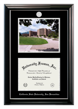 California State University, San Bernardino Double Opening with Campus Image (Stacked) Frame in Classic Ebony with Silver Trim with Black & Silver Mats for DOCUMENT: 8 1/2"H X 11"W  