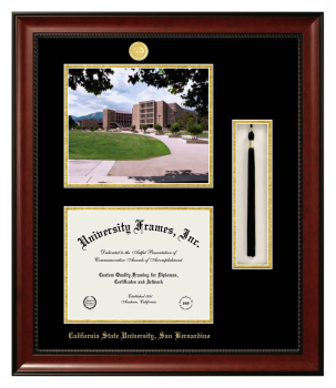 California State University, San Bernardino Double Opening with Campus Image & Tassel Box (Stacked) Frame in Avalon Mahogany with Black & Gold Mats for DOCUMENT: 8 1/2"H X 11"W  