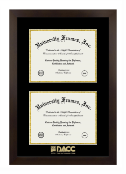Dona Ana Community College Double Degree (Stacked) Frame in Manhattan Espresso with Black & Gold Mats for document: 8 1/2"h x 11"w  , document: 8 1/2"h x 11"w  
