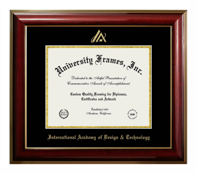 International Academy of Design & Technology Diploma Frame in Classic Mahogany with Gold Trim with Black & Gold Mats for DOCUMENT: 8 1/2"H X 11"W  