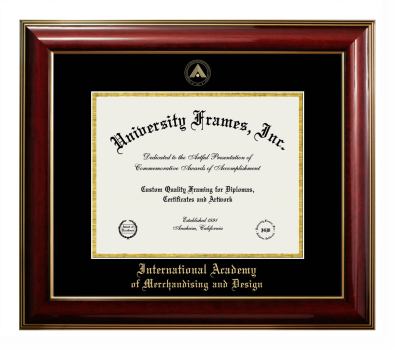 International Academy of Merchandising and Design Diploma Frame in Classic Mahogany with Gold Trim with Black & Gold Mats for DOCUMENT: 8 1/2"H X 11"W  
