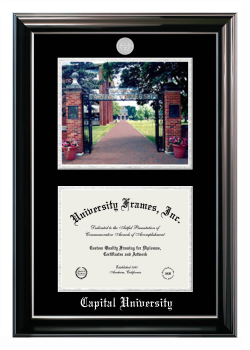 Capital University Double Opening with Campus Image (Stacked) Frame in Classic Ebony with Silver Trim with Black & Silver Mats for DOCUMENT: 8 1/2"H X 11"W  