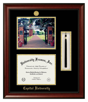 Capital University Double Opening with Campus Image & Tassel Box (Stacked) Frame in Avalon Mahogany with Black & Gold Mats for DOCUMENT: 8 1/2"H X 11"W  