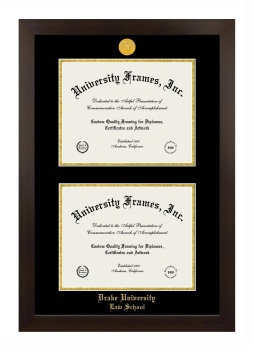 Drake University Law School Double Degree (Stacked) Frame in Manhattan Espresso with Black & Gold Mats for document: 8 1/2"h x 11"w  , document: 8 1/2"h x 11"w  