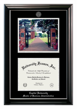 Capital University Master of Business Administration Double Opening with Campus Image (Stacked) Frame in Classic Ebony with Silver Trim with Black & Silver Mats for DOCUMENT: 8 1/2"H X 11"W  