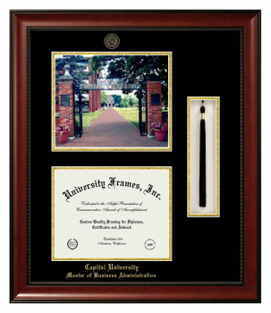 Capital University Master of Business Administration Double Opening with Campus Image & Tassel Box (Stacked) Frame in Avalon Mahogany with Black & Gold Mats for DOCUMENT: 8 1/2"H X 11"W  