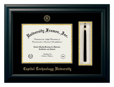 Capitol Technology University Diploma with Tassel Box Frame in Satin Black with Black & Gold Mats for DOCUMENT: 8 1/2"H X 11"W  