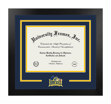Drexel University Logo Mat Frame in Manhattan Black with Navy Blue & Amber Mats for document: 8 1/2"h x 11"w  