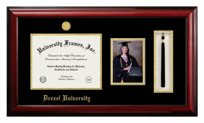 Drexel University Diploma with 5 x 7 Portrait & Tassel Box Frame in Classic Mahogany with Black & Gold Mats for  11"h x 14"w  