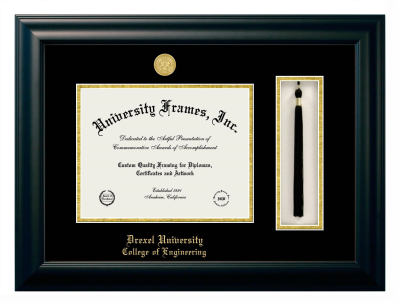 Drexel University College of Engineering Diploma with Tassel Box Frame in Satin Black with Black & Gold Mats for DOCUMENT: 8 1/2"H X 11"W  