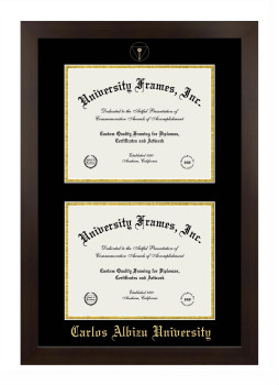 Carlos Albizu University Double Degree (Stacked) Frame in Manhattan Espresso with Black & Gold Mats for document: 8 1/2"h x 11"w  , document: 8 1/2"h x 11"w  
