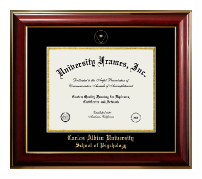 Carlos Albizu University School of Psychology Diploma Frame in Classic Mahogany with Gold Trim with Black & Gold Mats for DOCUMENT: 8 1/2"H X 11"W  