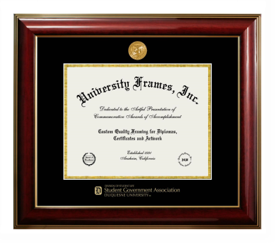 Duquesne University Division of Student Life Student Government Association Diploma Frame in Classic Mahogany with Gold Trim with Black & Gold Mats for DOCUMENT: 8 1/2"H X 11"W  