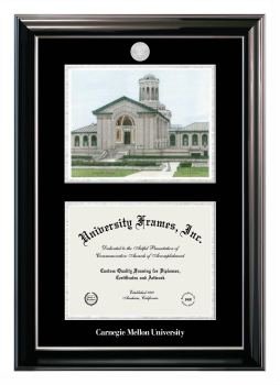 Carnegie Mellon University Double Opening with Campus Image (Stacked) Frame in Classic Ebony with Silver Trim with Black & Silver Mats for DOCUMENT: 8 1/2"H X 11"W  