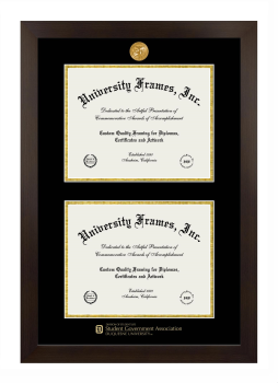 Duquesne University Division of Student Life Student Government Association Double Degree (Stacked) Frame in Manhattan Espresso with Black & Gold Mats for document: 8 1/2"h x 11"w  , document: 8 1/2"h x 11"w  