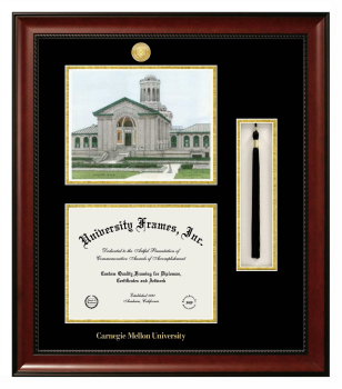 Carnegie Mellon University Double Opening with Campus Image & Tassel Box (Stacked) Frame in Avalon Mahogany with Black & Gold Mats for DOCUMENT: 8 1/2"H X 11"W  