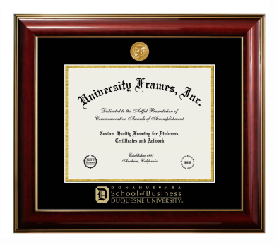 Duquesne University Donahue MBA School of Business Diploma Frame in Classic Mahogany with Gold Trim with Black & Gold Mats for DOCUMENT: 8 1/2"H X 11"W  