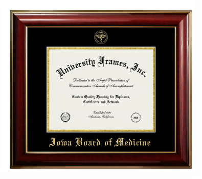 Iowa Board of Medicine Diploma Frame in Classic Mahogany with Gold Trim with Black & Gold Mats for DOCUMENT: 8 1/2"H X 11"W  