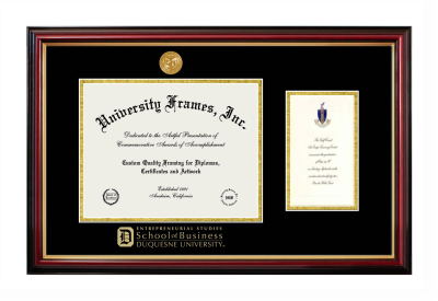 Duquesne University Entrepreneurial Studies School of Business Diploma with Announcement Frame in Petite Mahogany with Gold Trim with Black & Gold Mats for document: 8 1/2"h x 11"w  , diploma: 7"h x 4"w  