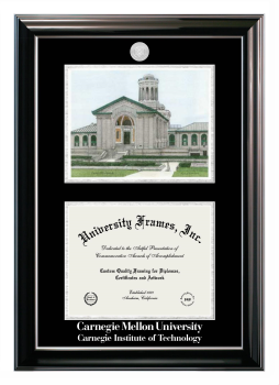 Carnegie Mellon University Carnegie Institute of Technology Double Opening with Campus Image (Stacked) Frame in Classic Ebony with Silver Trim with Black & Silver Mats for DOCUMENT: 8 1/2"H X 11"W  