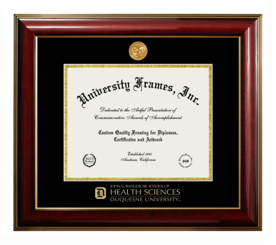 Duquesne University John G. Rangos, Sr. School of Health Sciences Diploma Frame in Classic Mahogany with Gold Trim with Black & Gold Mats for DOCUMENT: 8 1/2"H X 11"W  