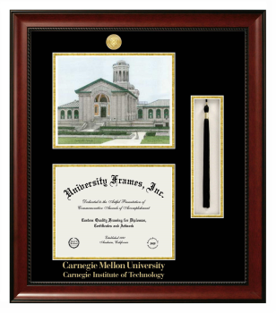 Carnegie Mellon University Carnegie Institute of Technology Double Opening with Campus Image & Tassel Box (Stacked) Frame in Avalon Mahogany with Black & Gold Mats for DOCUMENT: 8 1/2"H X 11"W  
