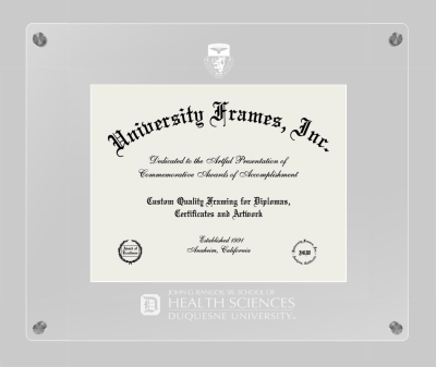Duquesne University John G. Rangos, Sr. School of Health Sciences Lucent Clear-over-Clear Frame in Lucent Clear Moulding with Lucent Clear Mat for DOCUMENT: 8 1/2"H X 11"W  
