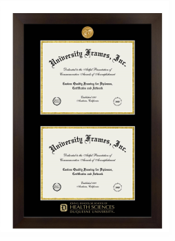 Duquesne University John G. Rangos, Sr. School of Health Sciences Double Degree (Stacked) Frame in Manhattan Espresso with Black & Gold Mats for document: 8 1/2"h x 11"w  , document: 8 1/2"h x 11"w  