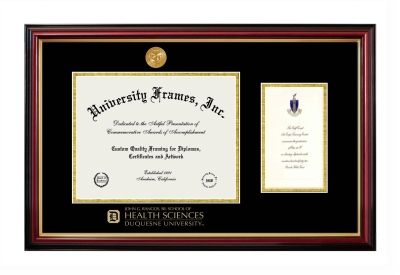 Duquesne University John G. Rangos, Sr. School of Health Sciences Diploma with Announcement Frame in Petite Mahogany with Gold Trim with Black & Gold Mats for document: 8 1/2"h x 11"w  , diploma: 7"h x 4"w  