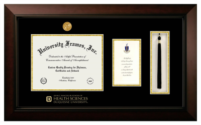 Duquesne University John G. Rangos, Sr. School of Health Sciences Diploma with Announcement & Tassel Box Frame in Legacy Black Cherry with Black & Gold Mats for document: 8 1/2"h x 11"w  , diploma: 7"h x 4"w  