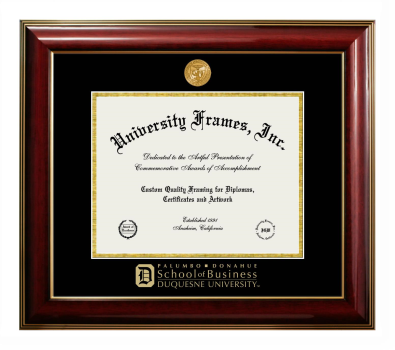 Duquesne University Palumbo Donahue School of Business Diploma Frame in Classic Mahogany with Gold Trim with Black & Gold Mats for DOCUMENT: 8 1/2"H X 11"W  