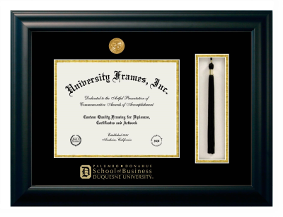 Duquesne University Palumbo Donahue School of Business Diploma with Tassel Box Frame in Satin Black with Black & Gold Mats for document: 8 1/2"h x 11"w  