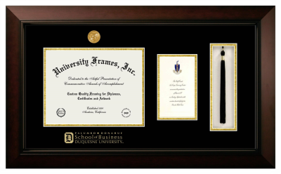 Duquesne University Palumbo Donahue School of Business Diploma with Announcement & Tassel Box Frame in Legacy Black Cherry with Black & Gold Mats for document: 8 1/2"h x 11"w  , diploma: 7"h x 4"w  