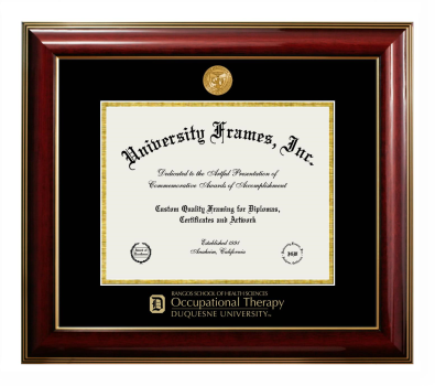Duquesne University Rangos School of Health Sciences Occupational Therapy Diploma Frame in Classic Mahogany with Gold Trim with Black & Gold Mats for DOCUMENT: 8 1/2"H X 11"W  