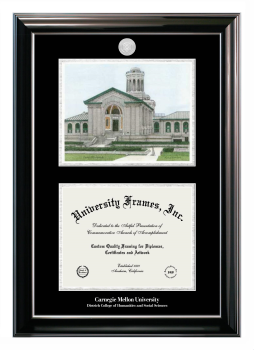 Carnegie Mellon University Dietrich College of Humanities and Social Sciences Double Opening with Campus Image (Stacked) Frame in Classic Ebony with Silver Trim with Black & Silver Mats for document: 8 1/2"h x 11"w  