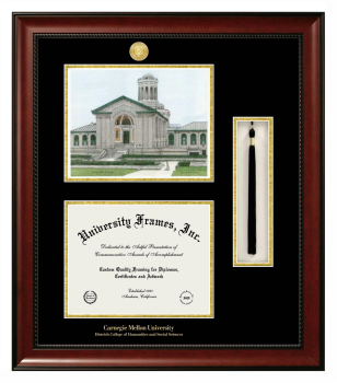 Carnegie Mellon University Dietrich College of Humanities and Social Sciences Double Opening with Campus Image & Tassel Box (Stacked) Frame in Avalon Mahogany with Black & Gold Mats for document: 8 1/2"h x 11"w  