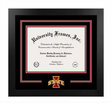 Iowa State University Debbie and Jerry Ivy College of Business Logo Mat Frame in Manhattan Black with Black & Red Mats for document: 8 1/2"h x 11"w  