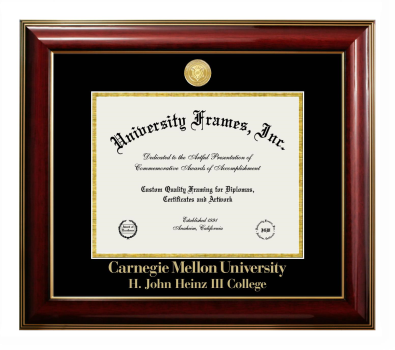 Carnegie Mellon University H. John Heinz III College Diploma Frame in Classic Mahogany with Gold Trim with Black & Gold Mats for DOCUMENT: 8 1/2"H X 11"W  