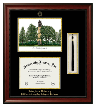 Iowa State University Debbie and Jerry Ivy College of Business Double Opening with Campus Image & Tassel Box (Stacked) Frame in Avalon Mahogany with Black & Gold Mats for document: 8 1/2"h x 11"w  