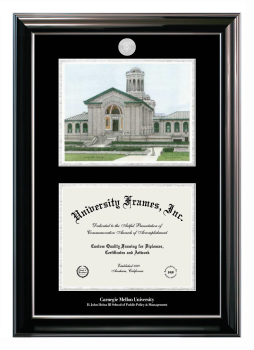 Carnegie Mellon University H. John Heinz III School of Public Policy and Management Double Opening with Campus Image (Stacked) Frame in Classic Ebony with Silver Trim with Black & Silver Mats for DOCUMENT: 8 1/2"H X 11"W  
