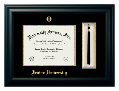 Irvine University Diploma with Tassel Box Frame in Satin Black with Black & Gold Mats for document: 8 1/2"h x 11"w  