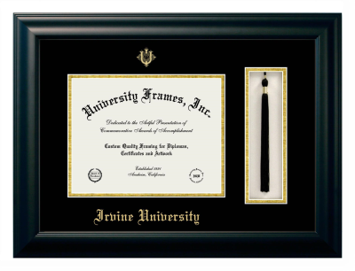 Irvine University Diploma with Tassel Box Frame in Satin Black with Black & Gold Mats for DOCUMENT: 8 1/2"H X 11"W  